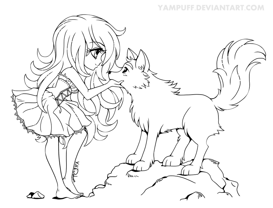 Chibi with Wolf   Lineart Commission by YamPuff on DeviantArt